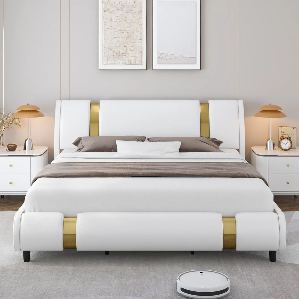 Full Size Leather Upholstered Platform Bed Frame with White Headboard K94384