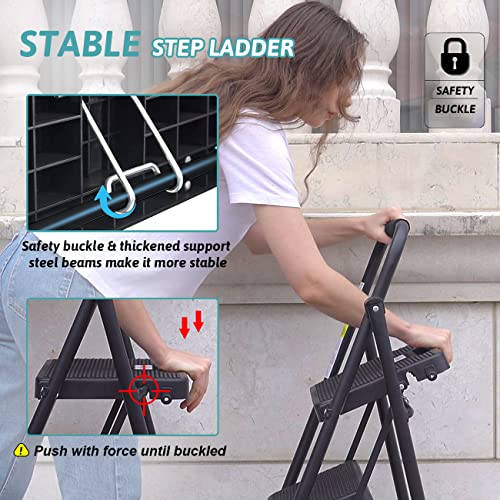 3 Step Folding Steel Step Ladder with Handgrip, 500 Lbs, Black K64997