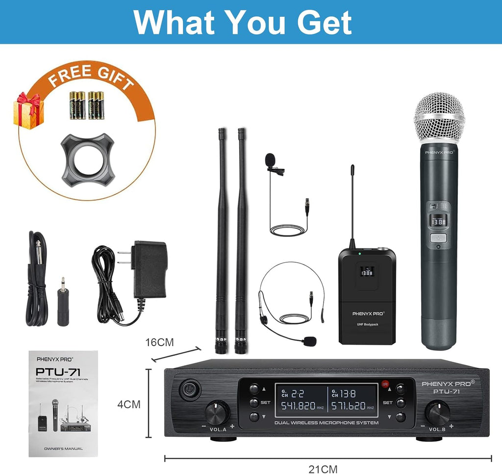Wireless Microphone System, Dual Channel Cordless Mic Set with Handheld/Bodypack/Headset/Lapel L948209
