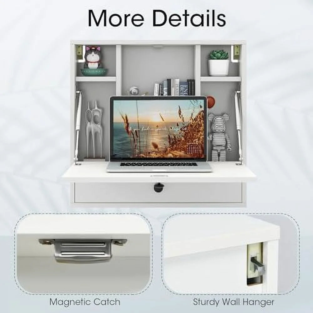 Black Wall Mounted Desk with Drawer and Shelves S8813