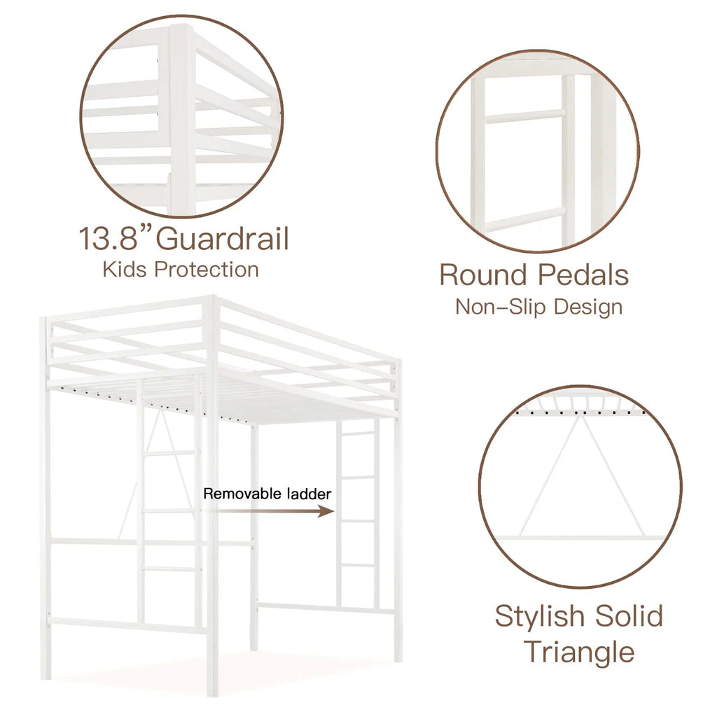 Twin Size White Loft Bed with Metal Ladder T181426