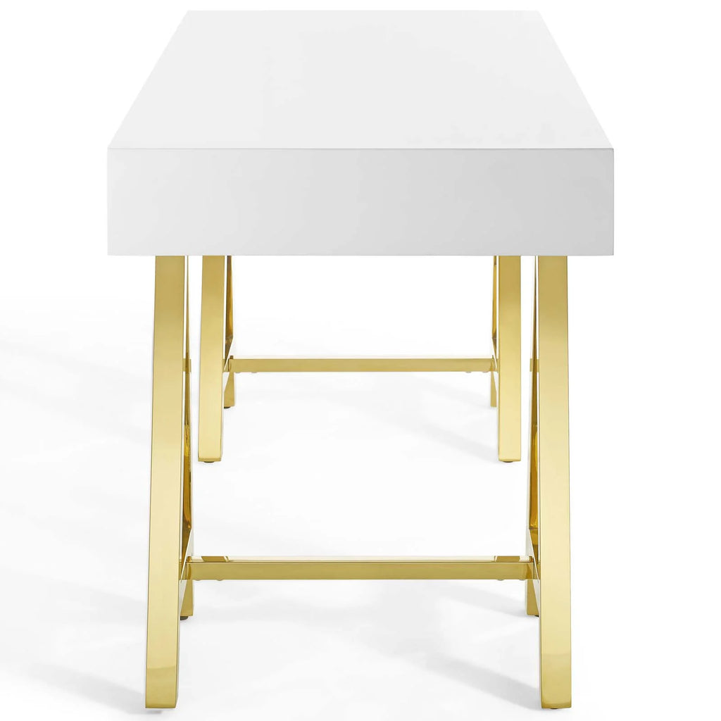 Wood Metal Gold White Computer Work Desk O40344