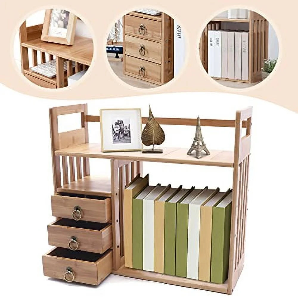 Bamboo Desktop Bookshelf Organizer with 3 Drawers U835