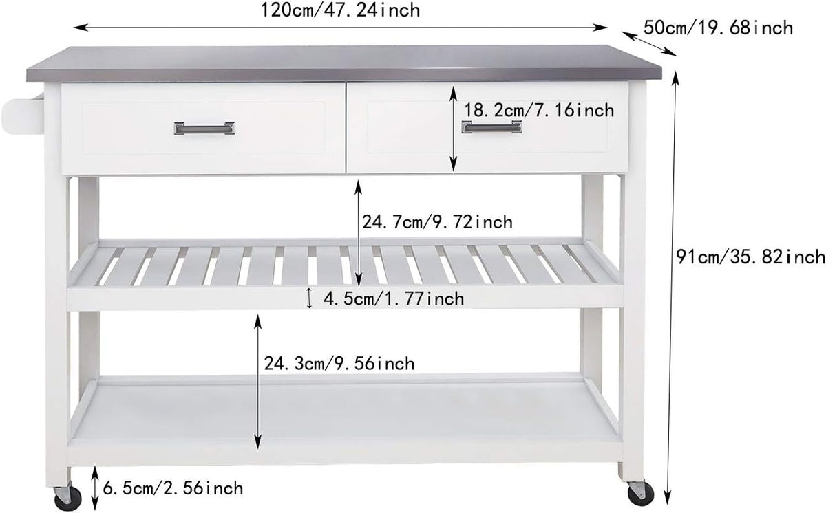 White Stainless Steel Top Kitchen Island on Wheels with 2 Drawers and Storage Shelves N15330