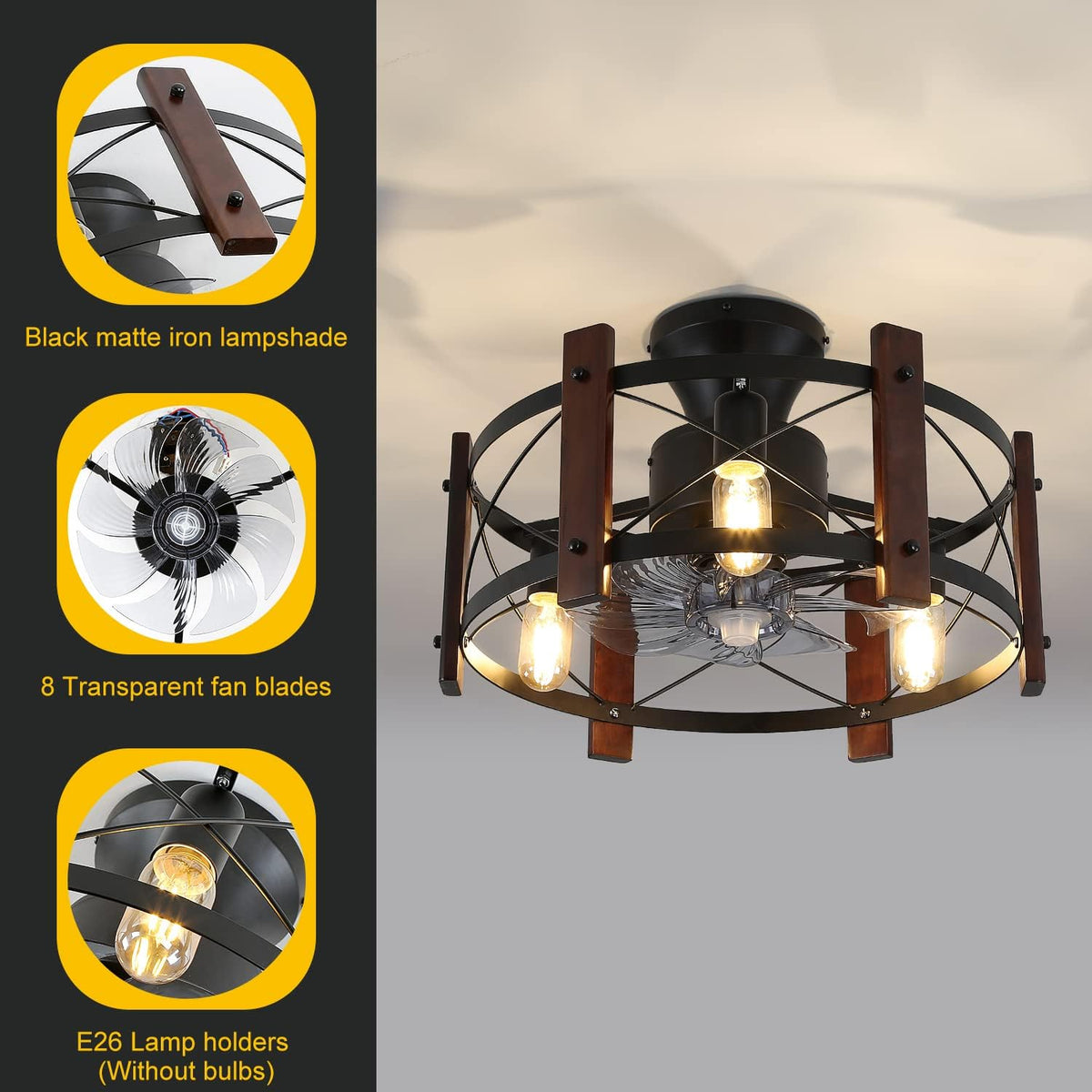Industrial Ceiling Fan with Light Remote Control Metal Caged Wood Black Enclosed Y5942
