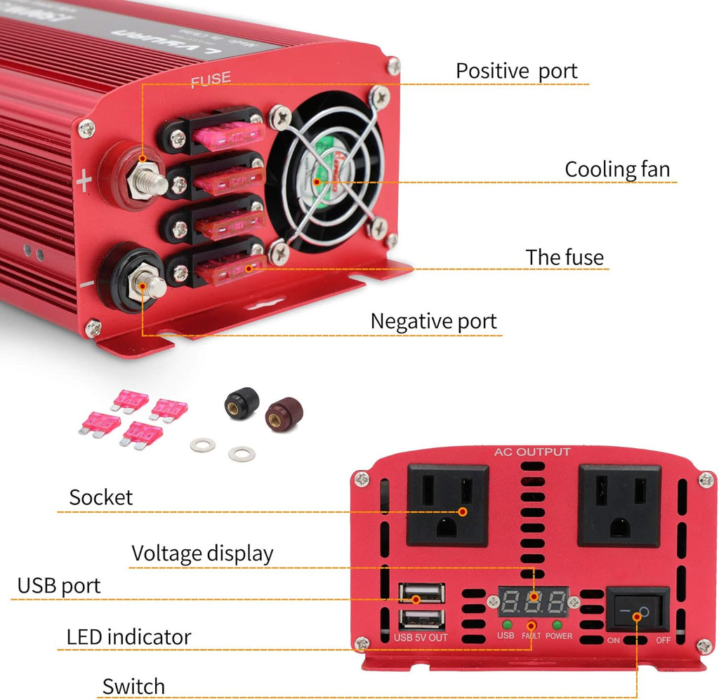 1500W Power Inverter with Dual AC Outlets and Dual USB Pack of 2 T9534