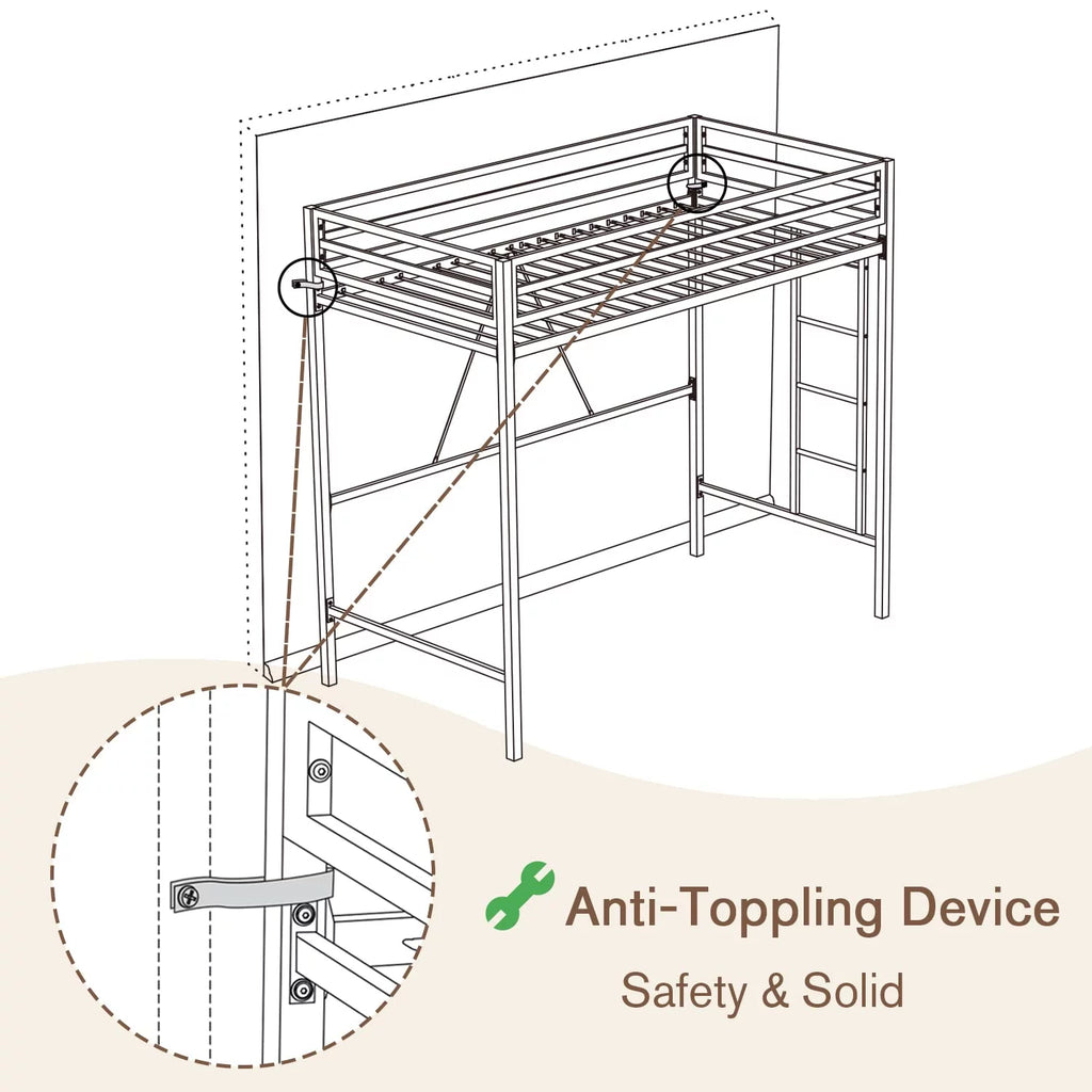 Twin Size White Loft Bed with Metal Ladder T181426