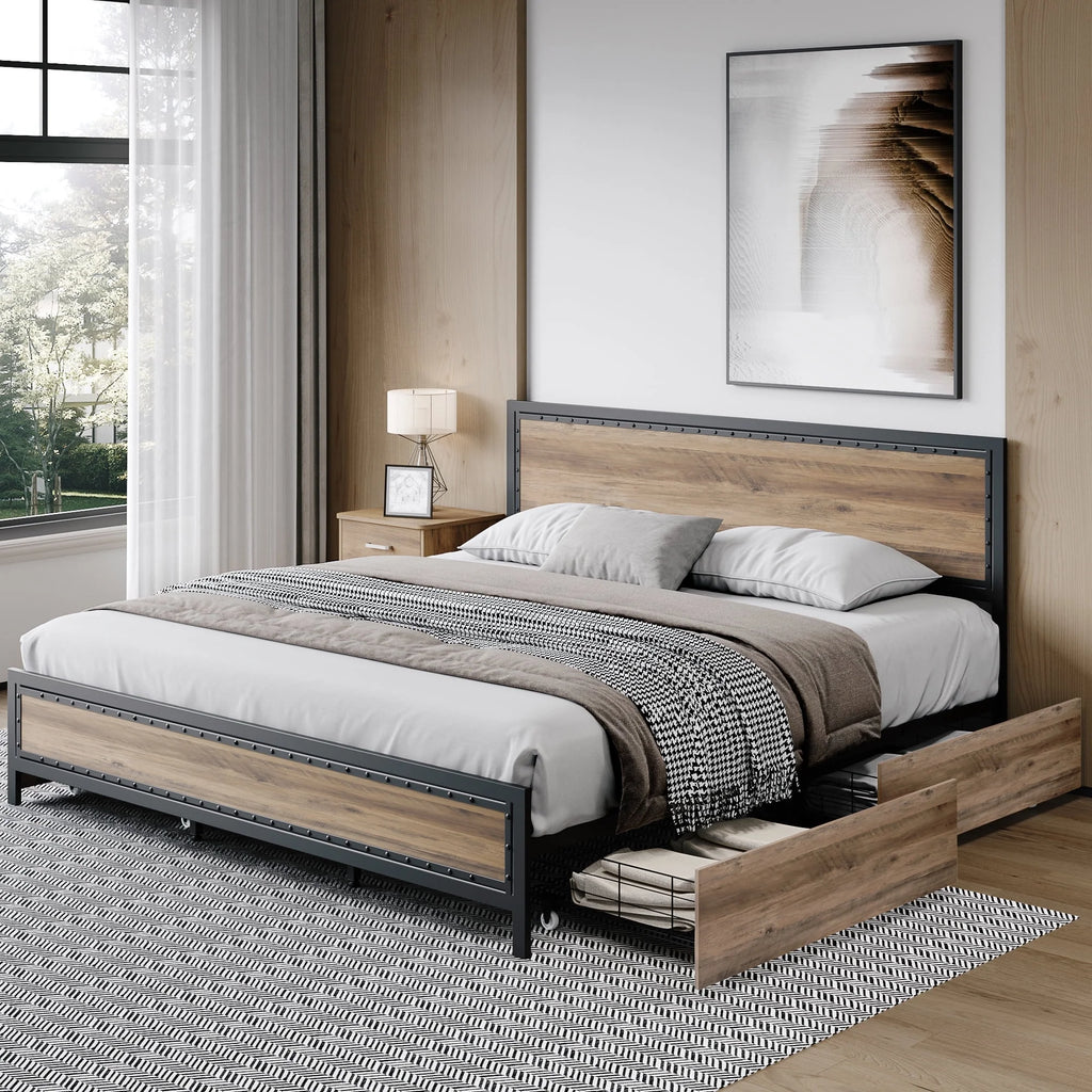 King 4 Drawer Gray Metal Platform Bed with Headboard A50486