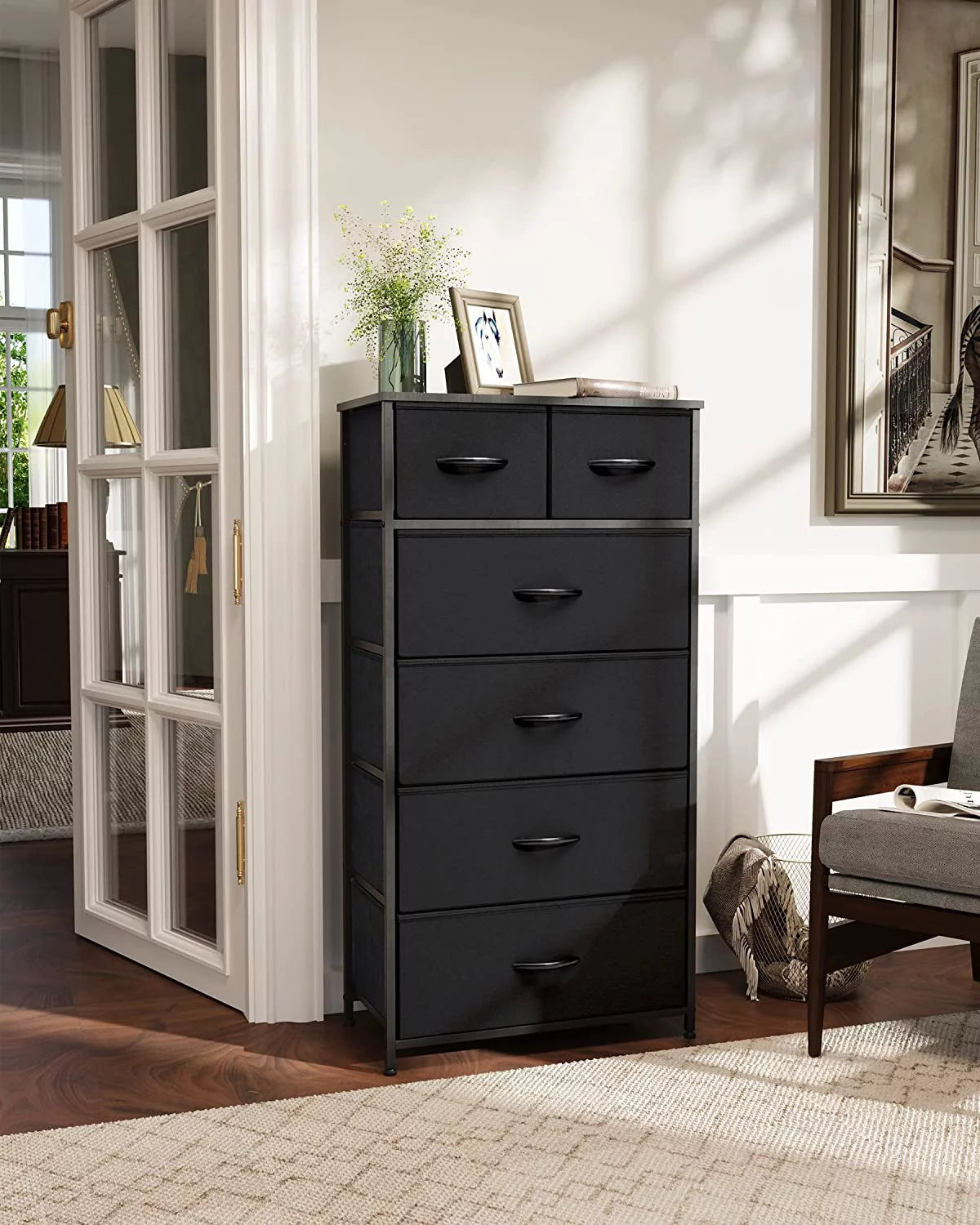 Black 6 Drawer Fabric Dresser X67755