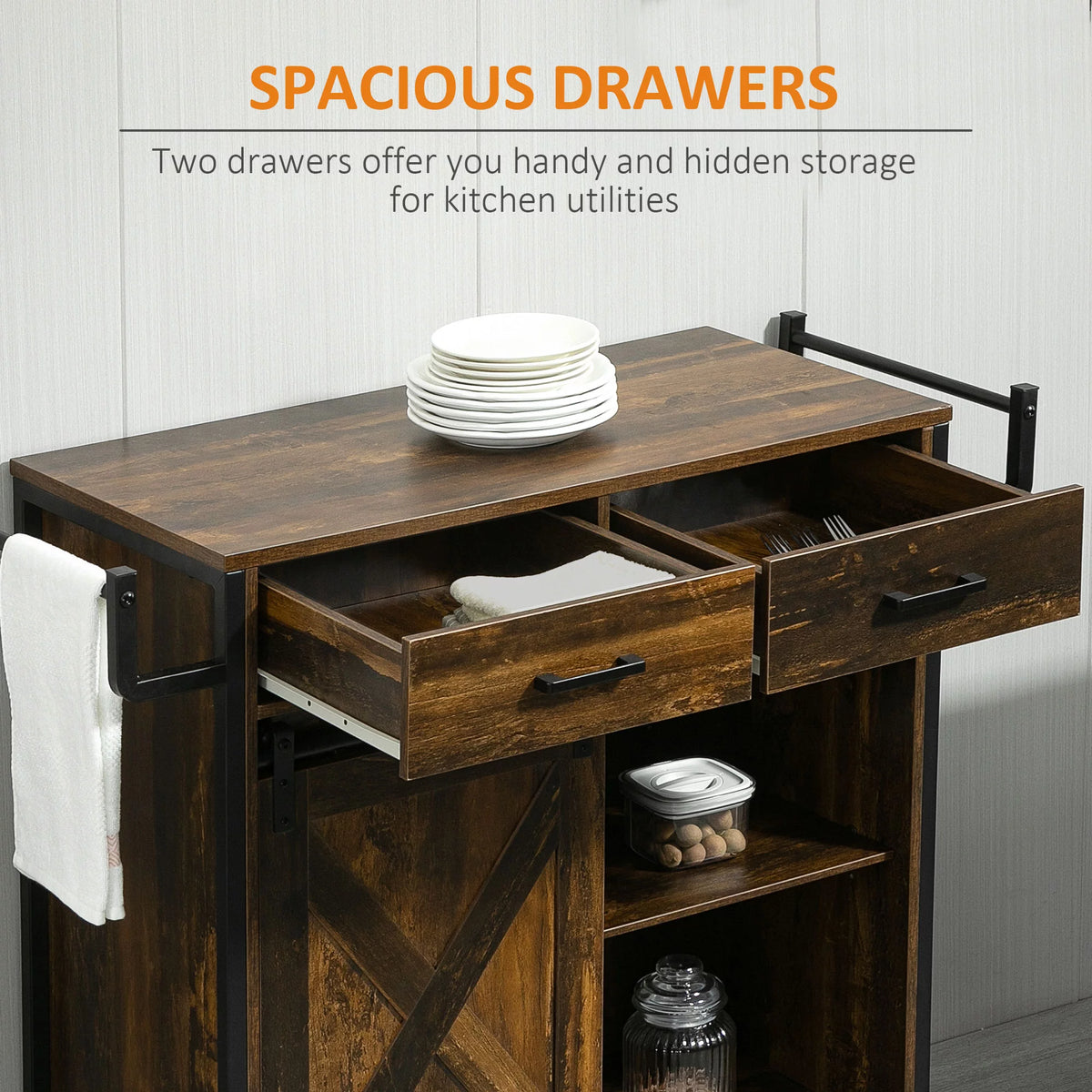 Rolling Kitchen Cart with Adjustable Shelf, Two Drawers and Towel Rack W197