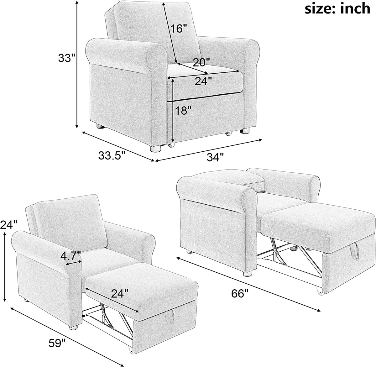 Dark Blue Convertible Sleeper Chair Bed J779