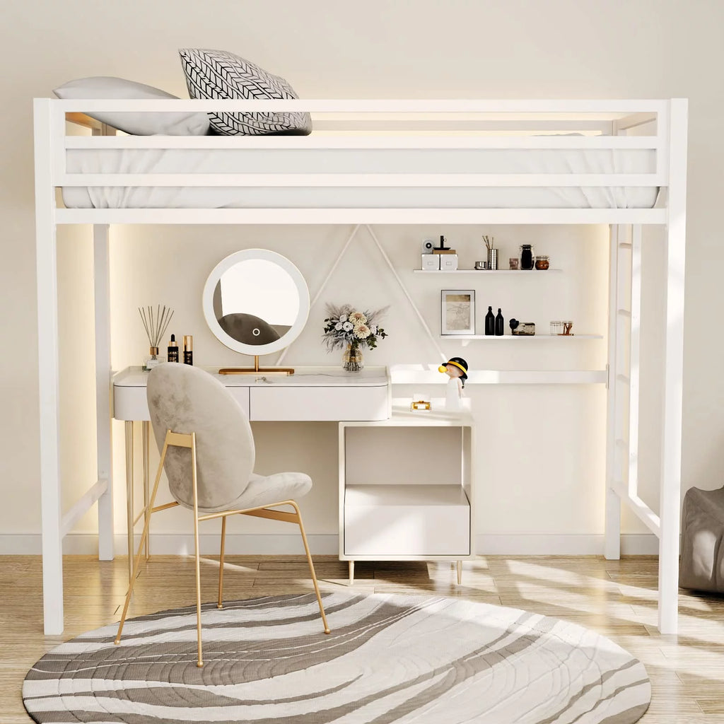 Twin Size White Loft Bed with Metal Ladder T181426