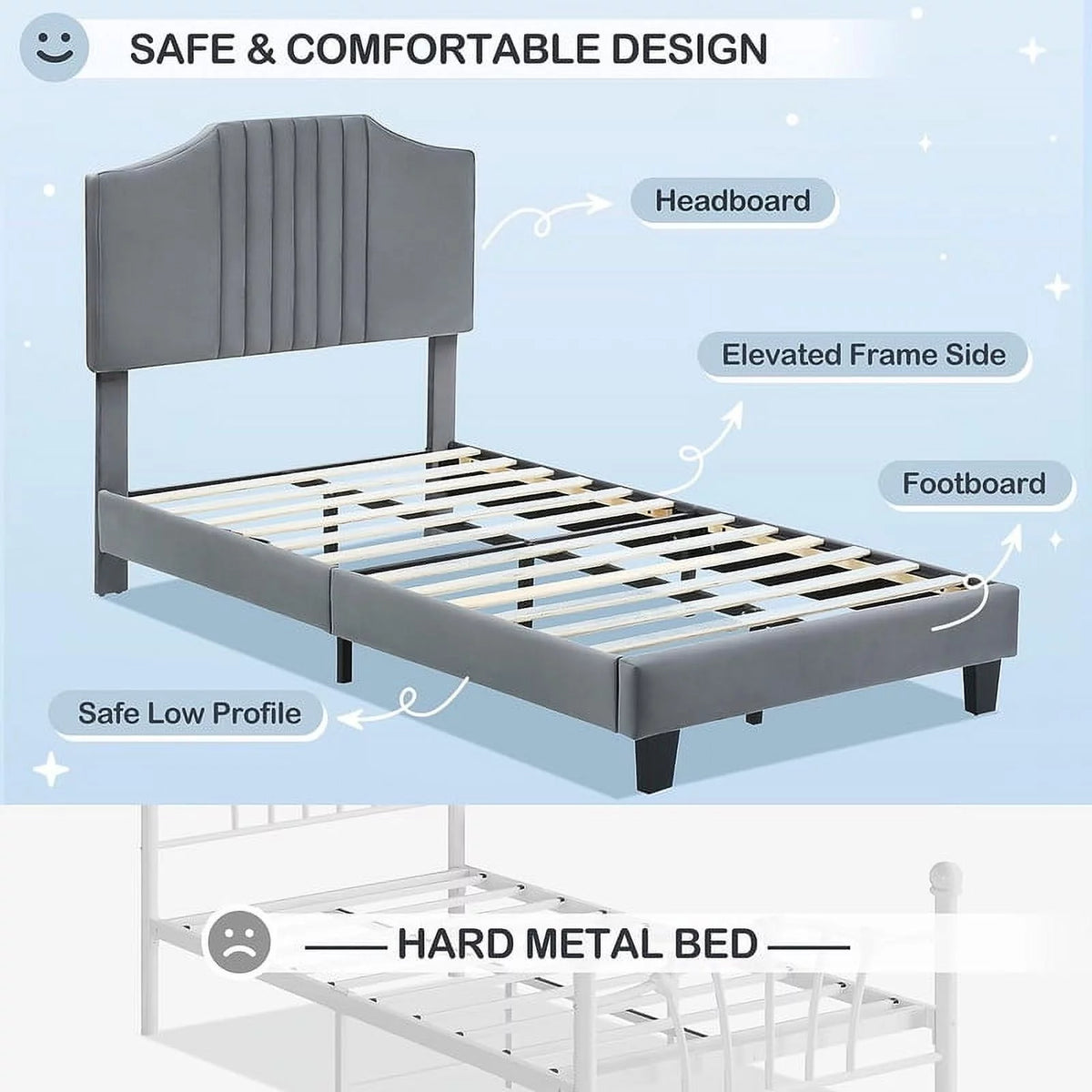 Twin Size Velvet Upholstered Platform Bed Frame with Headboard N1527