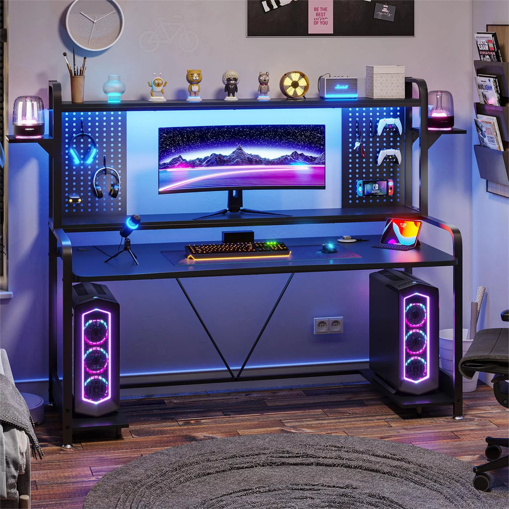 Black 55" Gaming Desk with LED Lights and Shelves E237