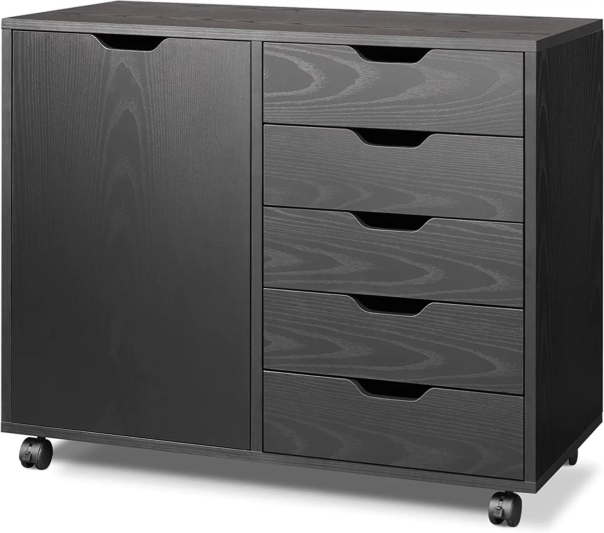 Black 5 Drawer Wood File Cabinet with Wheels B89263