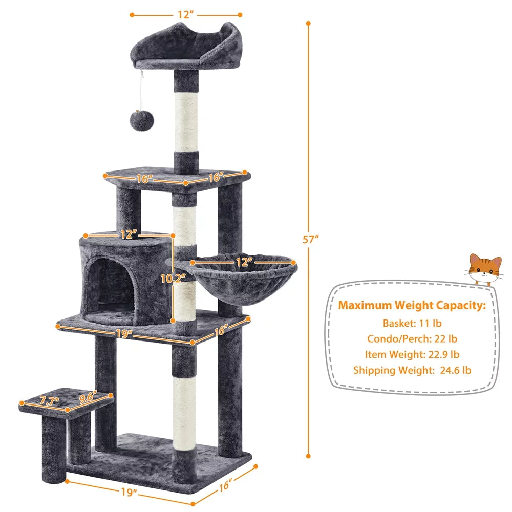 57" Multi Level Cat Tree with Basket & Condo & Scratching, Dark Gray Y2407