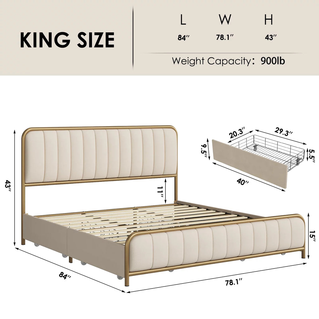 King Size 4 Drawer Gold Platform Bed with Tufted Headboard I992603