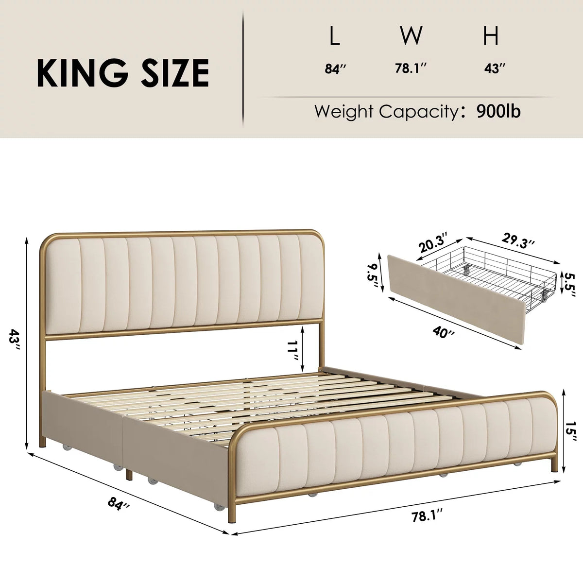 King Size 4 Drawer Gold Platform Bed with Tufted Headboard I992603