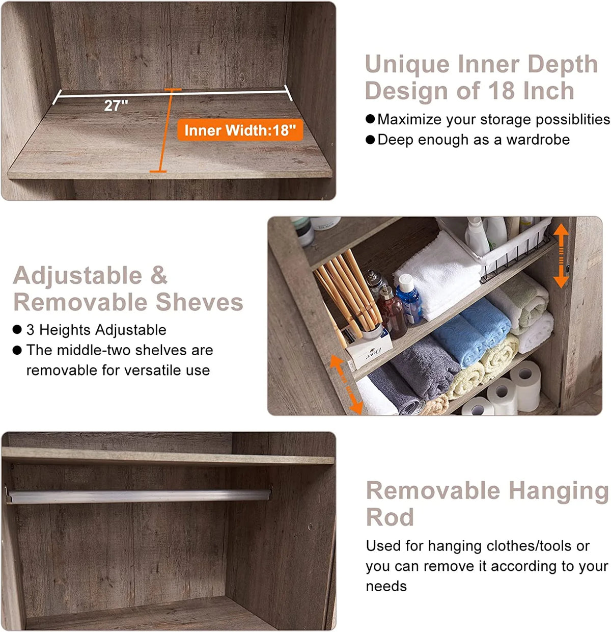 Light Rustic Oak Storage Cabinet with Hanging Rod W654
