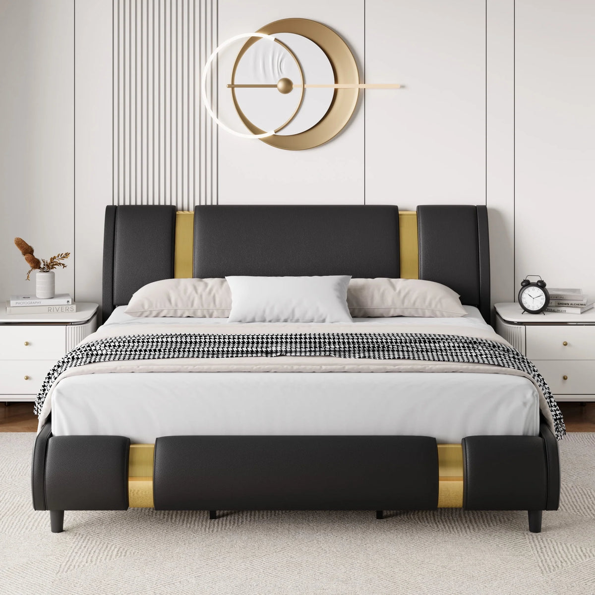 Full Size Leather Upholstered Platform Bed Frame with White Headboard K94384
