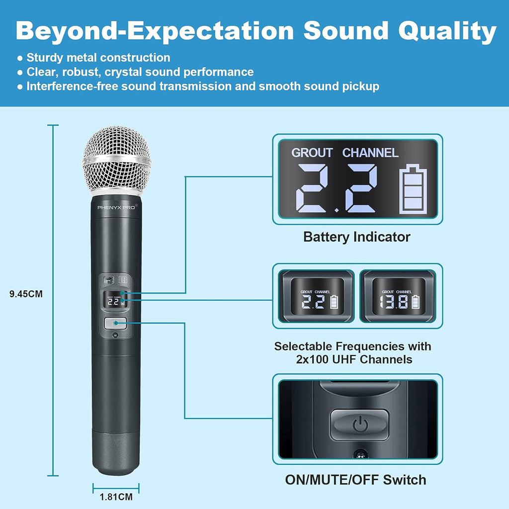 Wireless Microphone System, Dual Channel Cordless Mic Set with 2 Handhelds R645