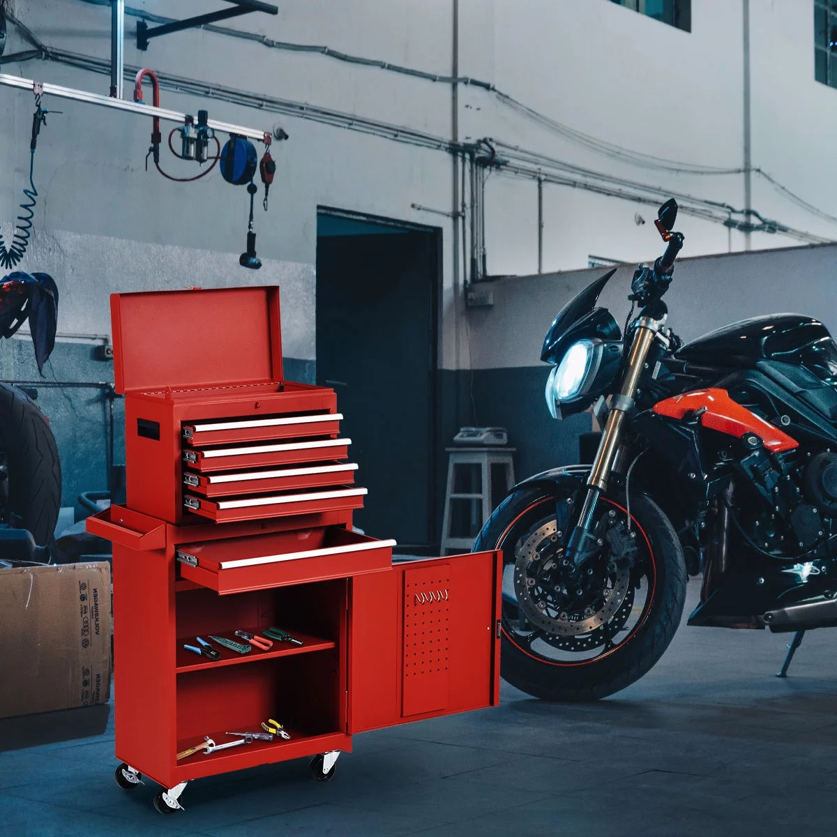 2 in 1 Tool Chest & Cabinet with 5 Sliding Drawers Red H469132