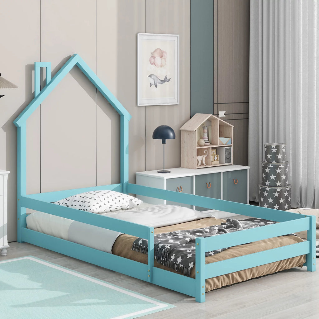 Twin Size Light Blue Wood House-shaped Headboard Floor bed I947