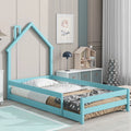 Twin Size Light Blue Wood House-shaped Headboard Floor bed I947
