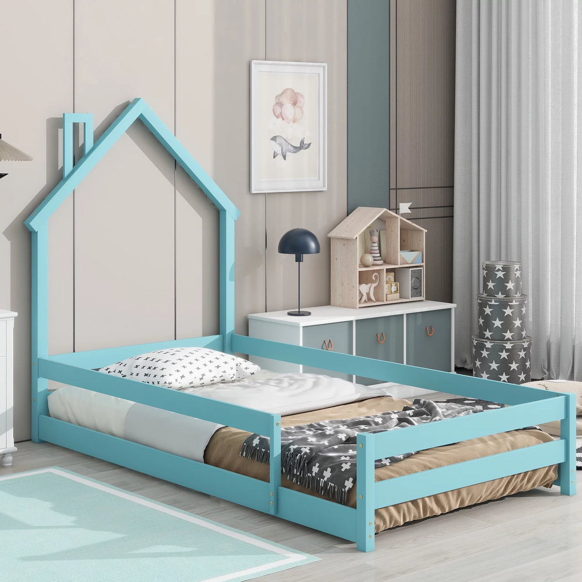 Twin Size Light Blue Wood House-shaped Headboard Floor bed I947