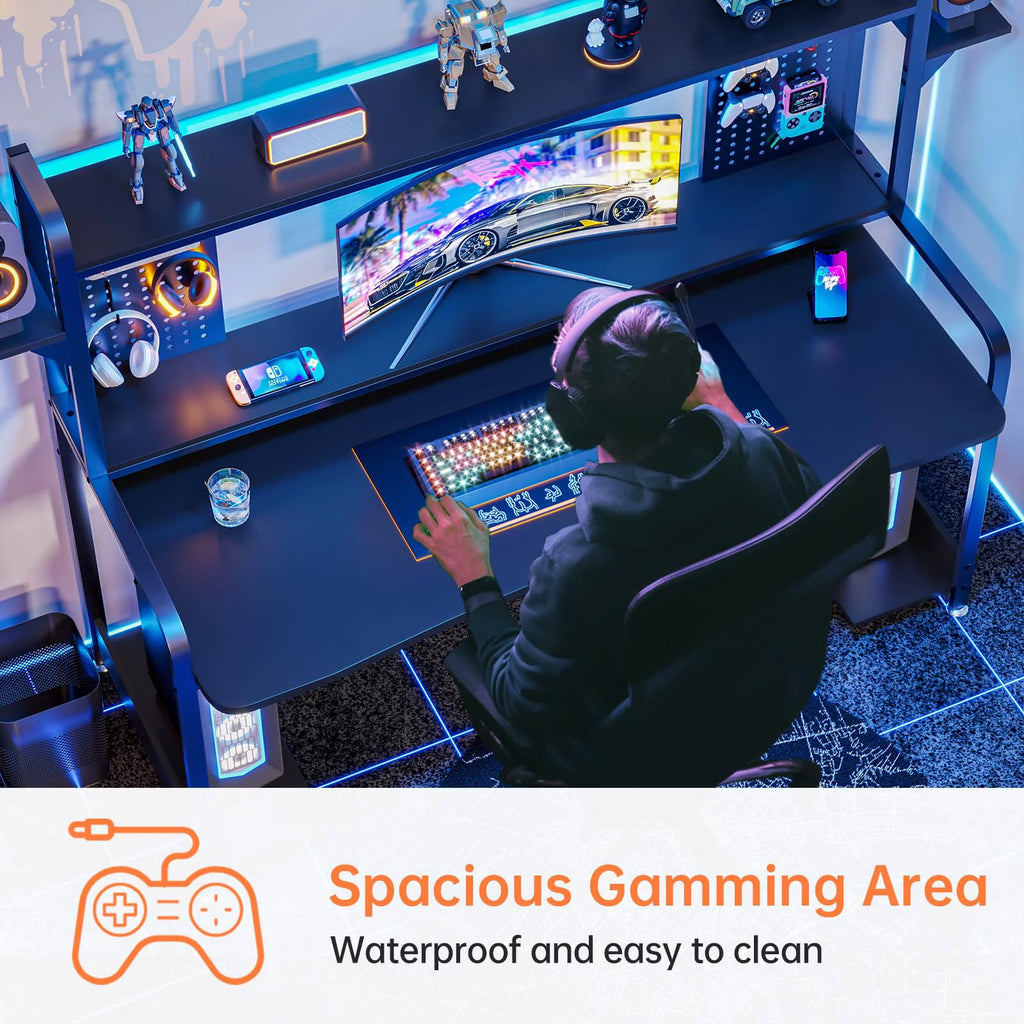 Black 55" Gaming Desk with LED Lights and Shelves E237