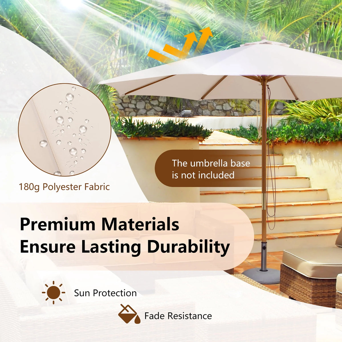 10FT Wooden Market Table Umbrella with 8 Bamboo Ribs Z59348