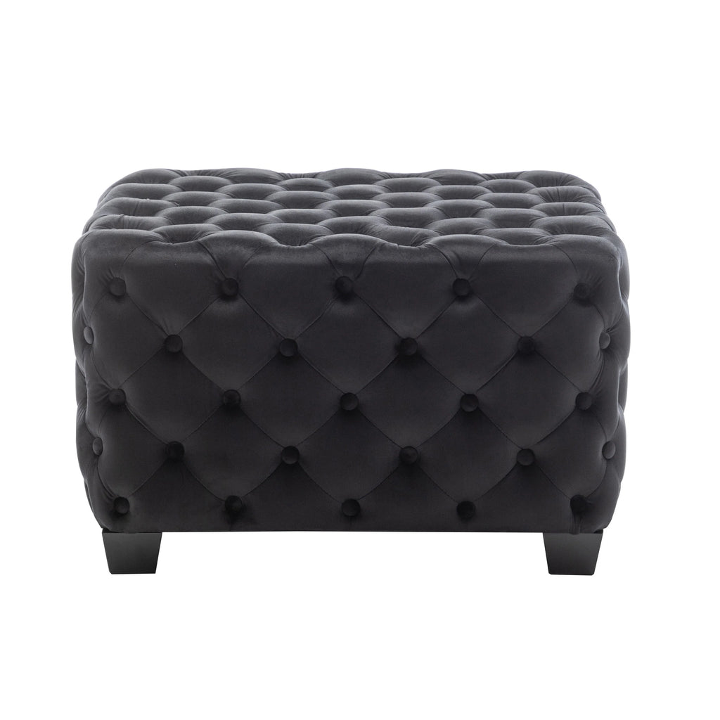 Black Velvet Tufted Square Ottoman with Rubberwood Legs X289