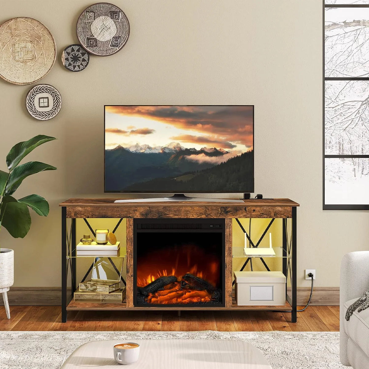 Rustic Brown Fireplace TV Stand with Led Lights and Power Outlets P307