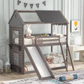 Twin Over Twin Size Wood House Bed with Slide and Safety Ladder I956