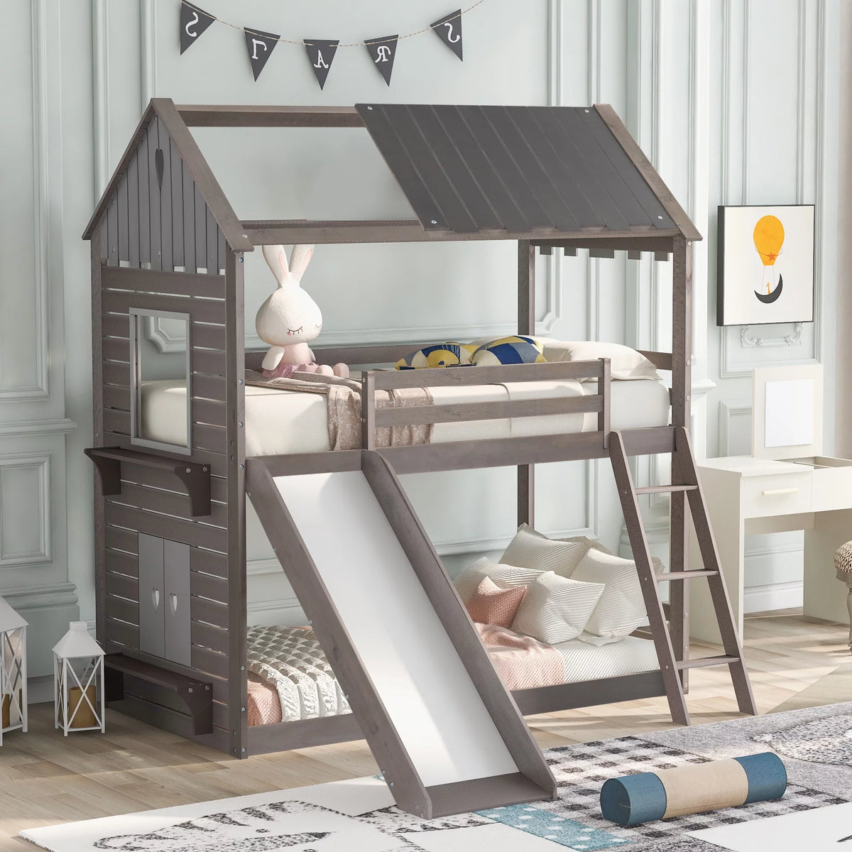 Twin Over Twin Size Wood House Bed with Slide and Safety Ladder I956