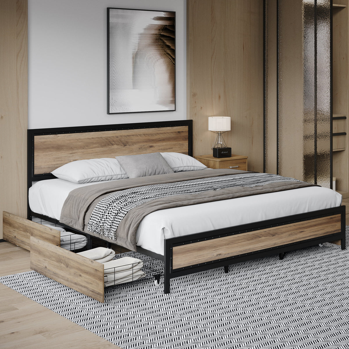 King 4 Drawer Gray Metal Platform Bed with Headboard A50486