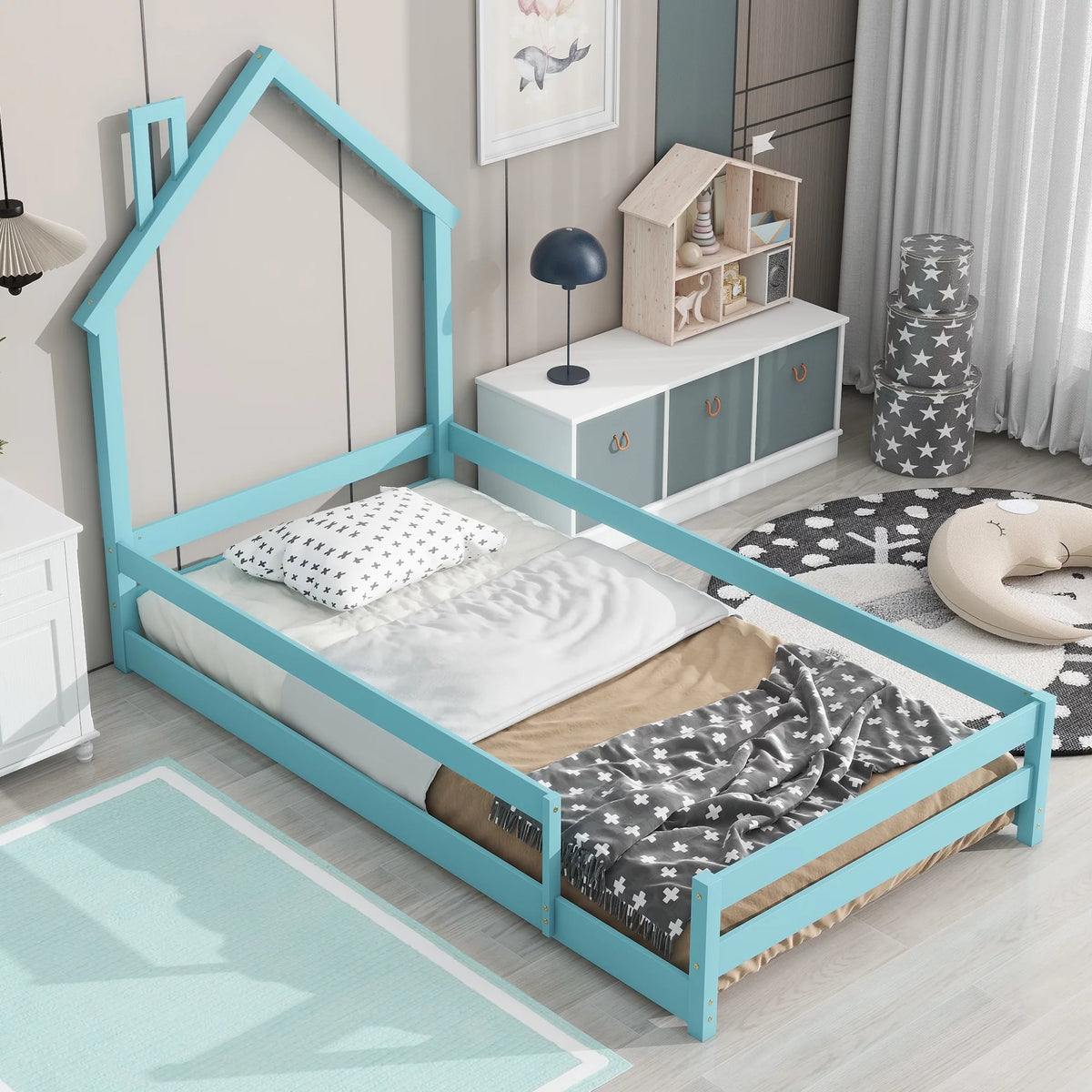 Twin Size Light Blue Wood House-shaped Headboard Floor bed I947