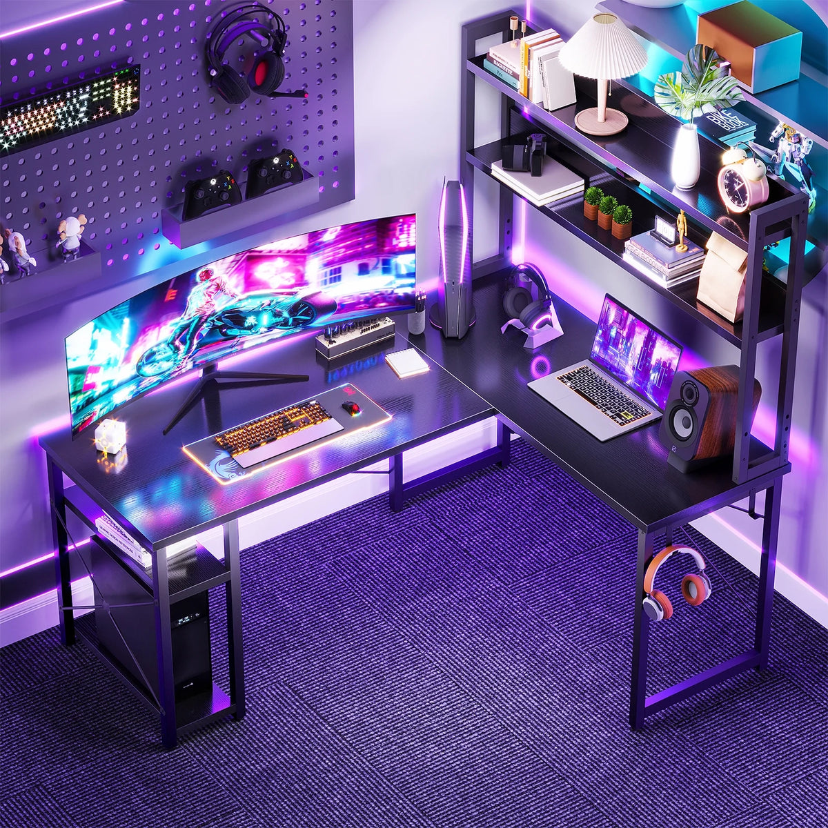 Black Reversible L-Shaped Gaming Desk with Hutch V4323