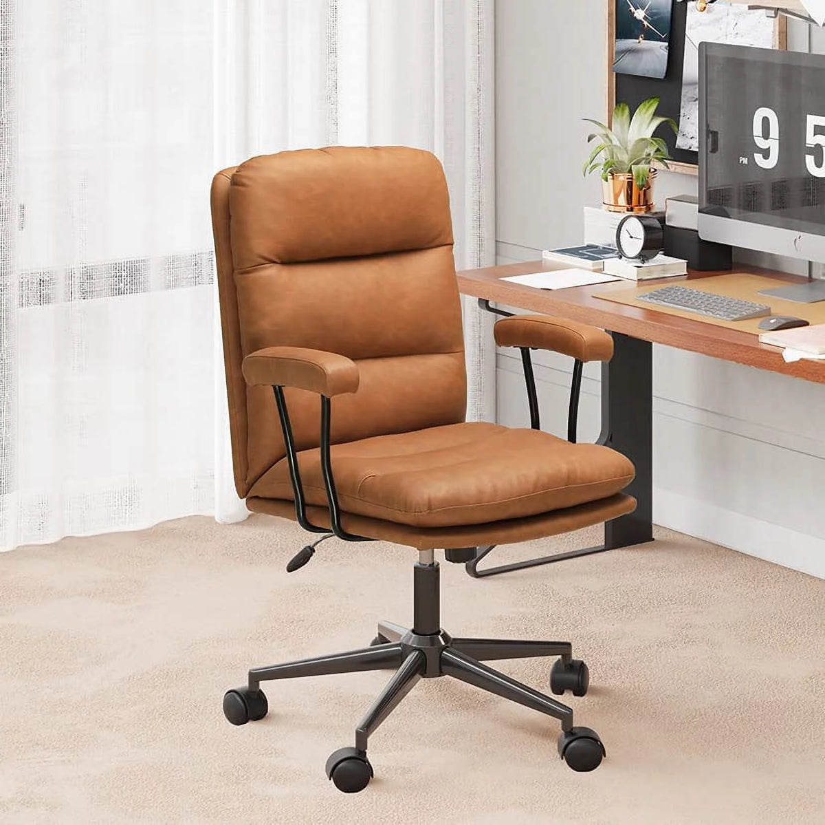 Leather Office Chair Brown with Arms Adjustable Back 400lbs F96241