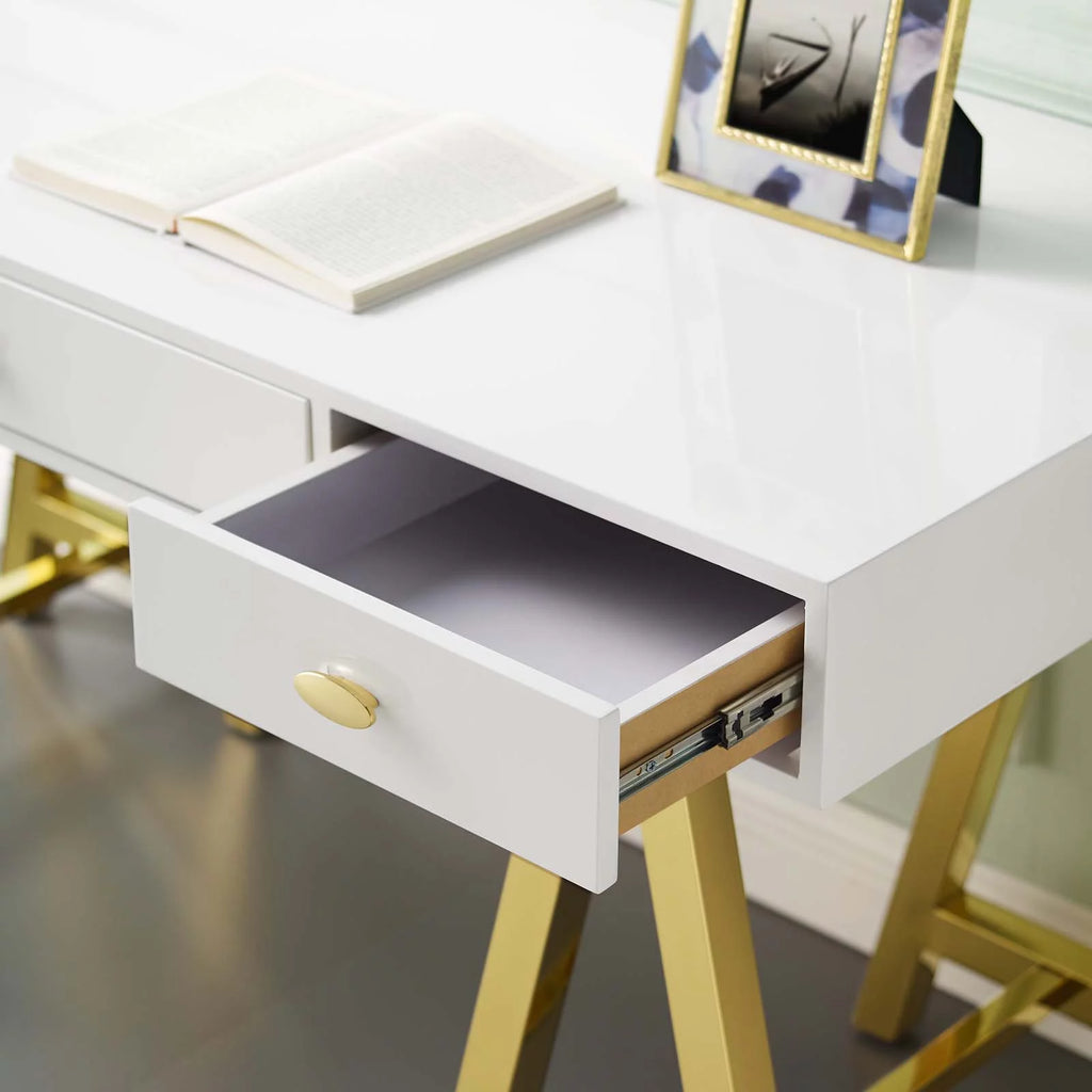 Wood Metal Gold White Computer Work Desk O40344