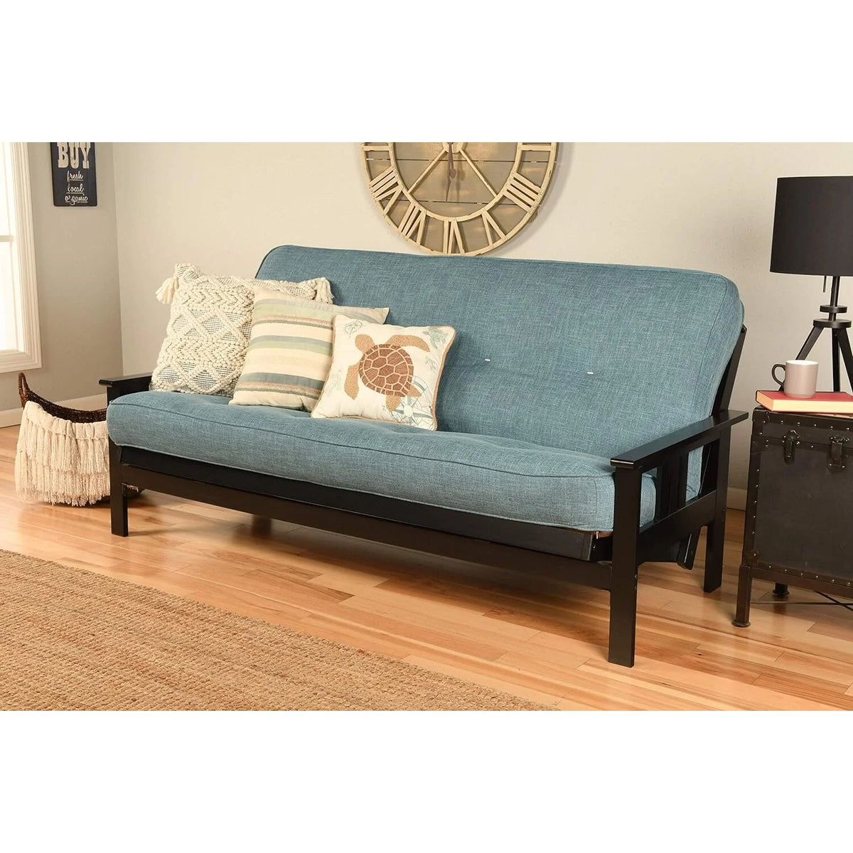 Black Futon Frame with Aqua Linen Mattress Z394521