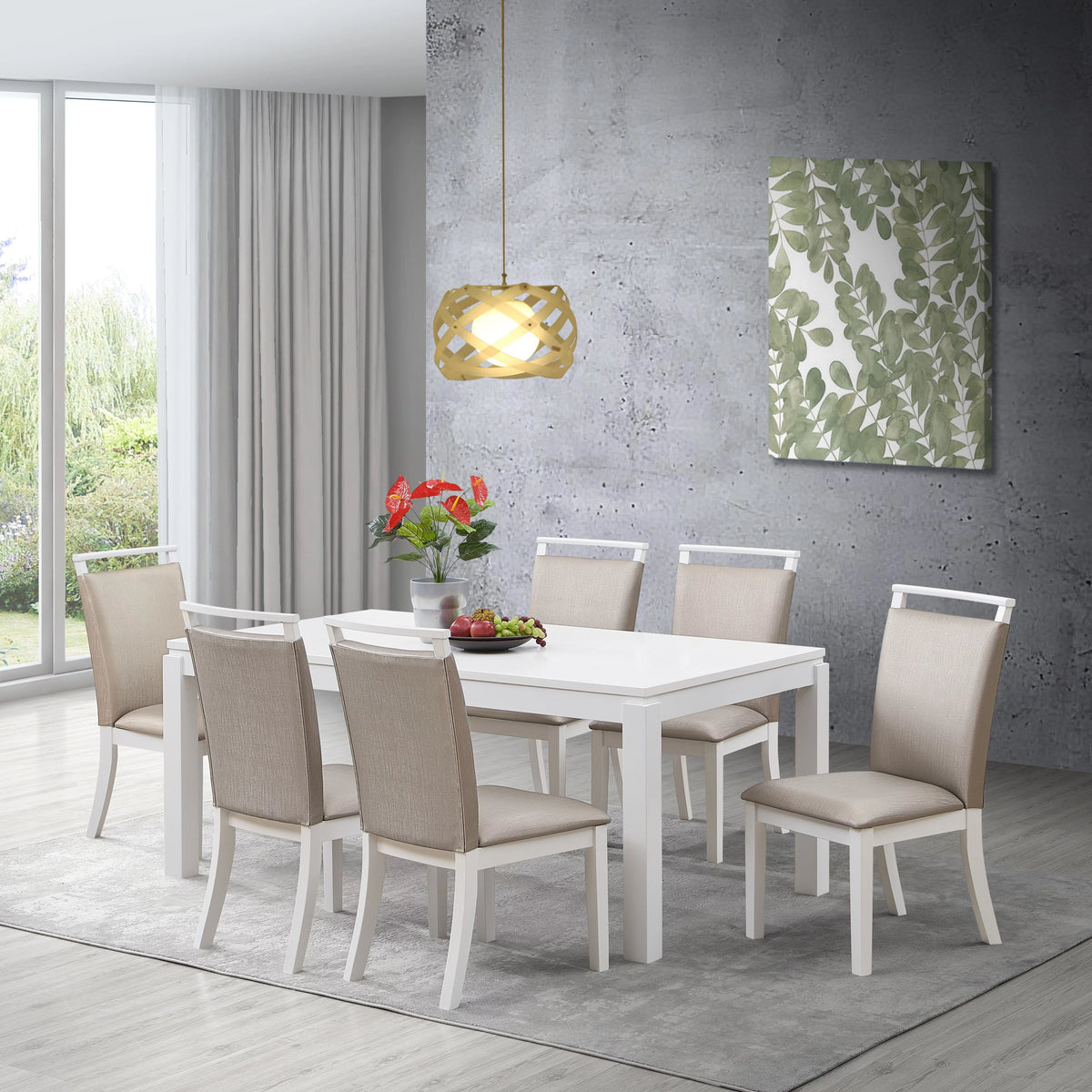 7 Piece Gray Fabric White Wood Dining Set M8762