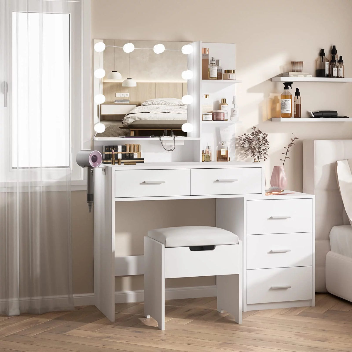Modern Vanity Table Set with Lighted Mirror, 5 Drawer White G81404
