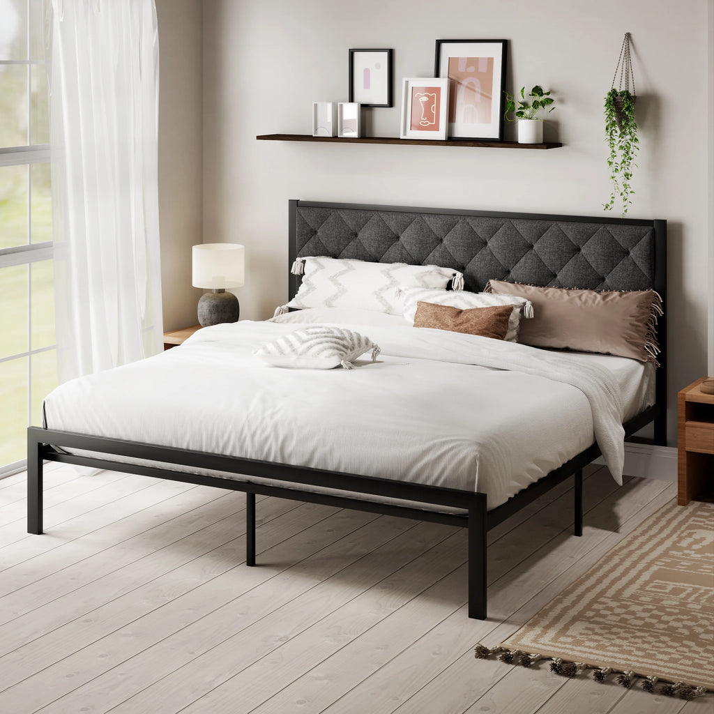Queen Size Metal Platform Bed Frame with Headboard & Underbed Storage E279964
