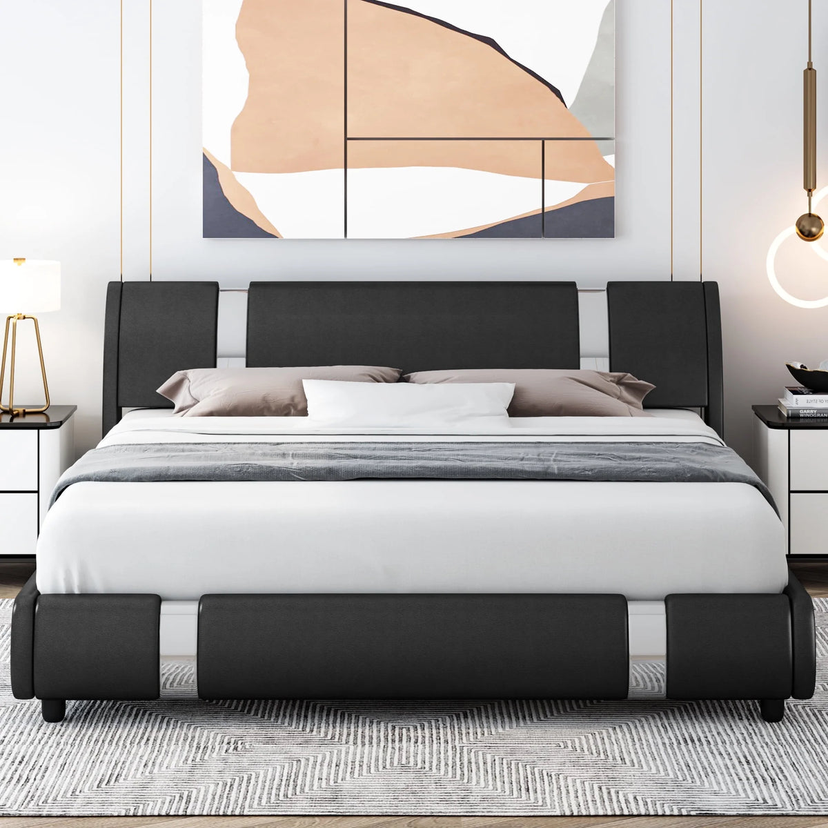 Full Size Leather Upholstered Platform Bed Frame with White Headboard K94384
