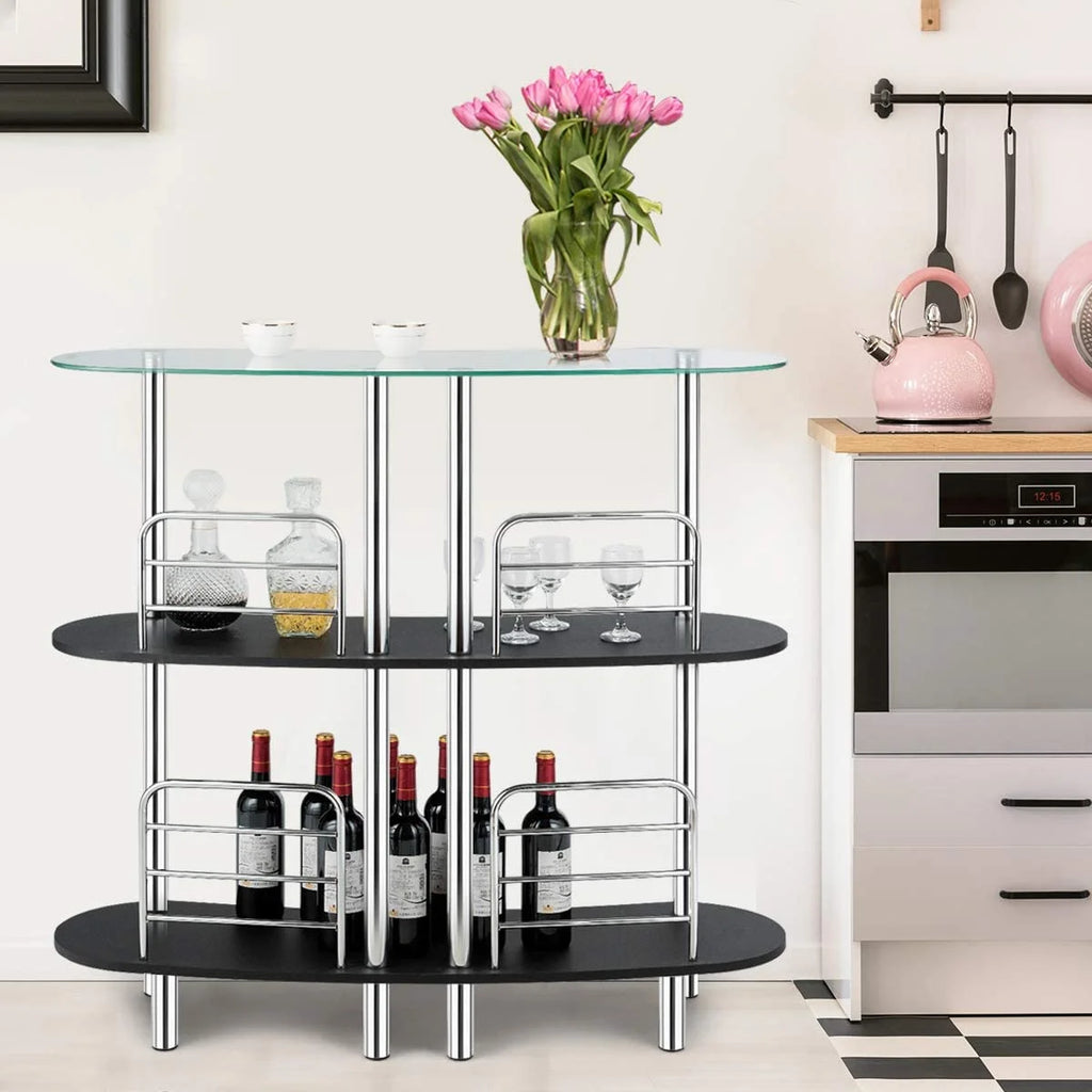3-Tier Glass Liquor Bar Cabinet with Tempered Glass Counter Top C21696