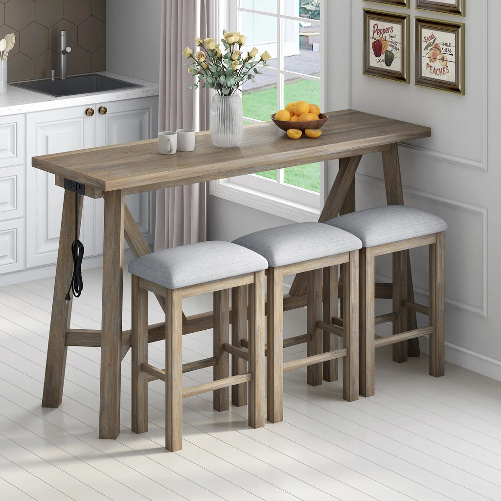Natural Wood Wash Kitchen Bar Table Set with Upholstered Stools H71063