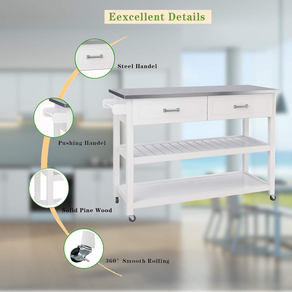 White Stainless Steel Top Kitchen Island on Wheels with 2 Drawers and Storage Shelves N15330