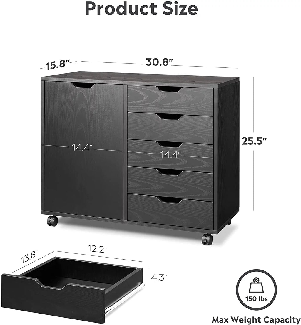 Black 5 Drawer Wood File Cabinet with Wheels B89263