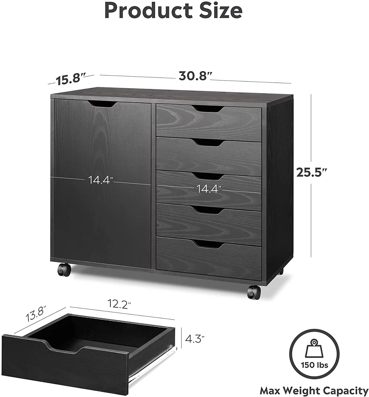 Black 5 Drawer Wood File Cabinet with Wheels B89263